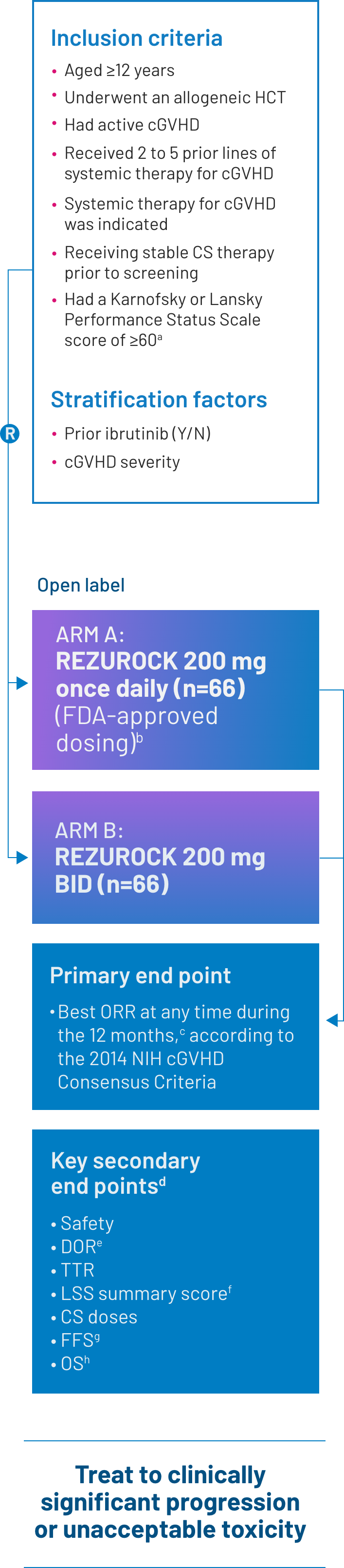 ROCKstar study criteria with REZUROCK treatment arms and end points, including overall response rate (ORR), safety, duration of response (DOR), Lee Symptom Scale (LSS) score, steroid doses, failure-free survival (FFS) and overall survival (OS)